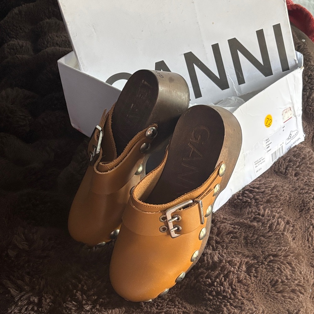 Ganni Brown Leather Mules with Silver Accents